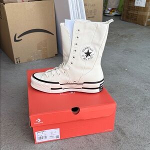 Converse High-Top Canvas Platform Sneakers in Cream with Black Trim